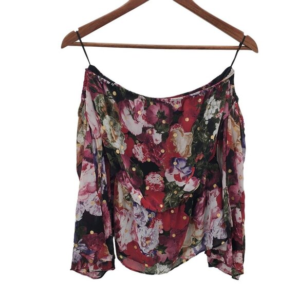 Express Womens Floral Bohemian Slit Sleeve Cold Shoulder Blouse M Elastic Waist - Picture 3 of 12